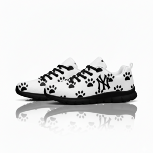 Paw Print Sneakers for Women – White Lace-Up Casual Shoes with Black Paw Pattern